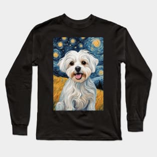 Maltese Dog Breed Painting in a Van Gogh Starry Night Art Style Long Sleeve T-Shirt